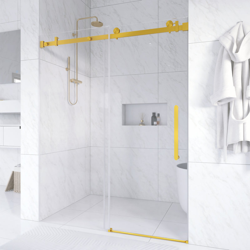 56 In. -60 In. W × 76  In. H Frameless Single Sliding Shower Door With 1/4"Clear  Tempered Glass In Brushed Gold  |  Explosion Proof Film |  Square Tube Track | Stainless Steel Handle