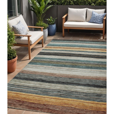 5' X 8' Beige Gold And Brown Striped Washable Indoor Outdoor Area Rug