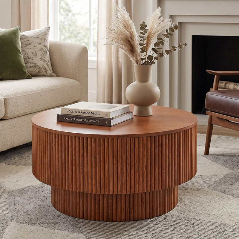 31.5" Pedestal Round Coffee Table with Storage - Modern Wood Design, Oak Wood
