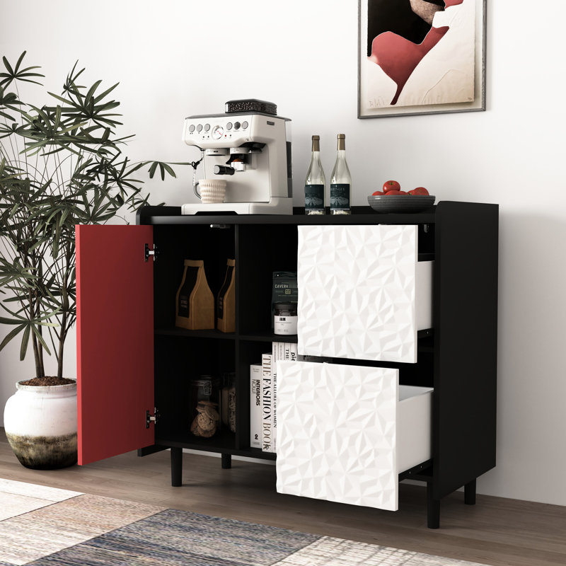 Modern Coffee Bar Cabinet With Black Base And Red Doors For Dining Area Sideboard Buffet Body Kitchen, Room, Black/Red