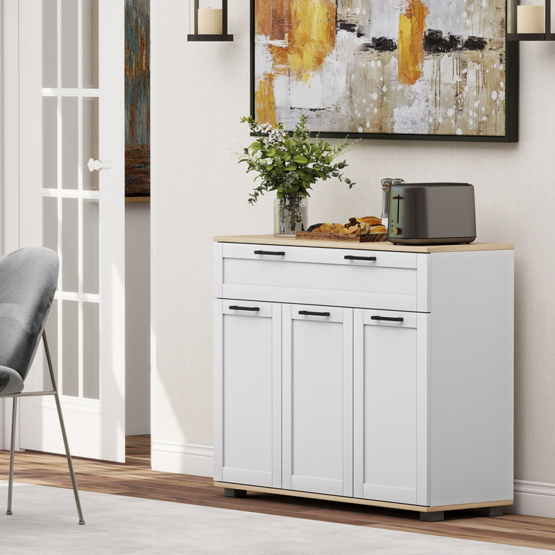 Sideboard Buffet Cabinet with Drawer and Adjustable Shelves, White, White