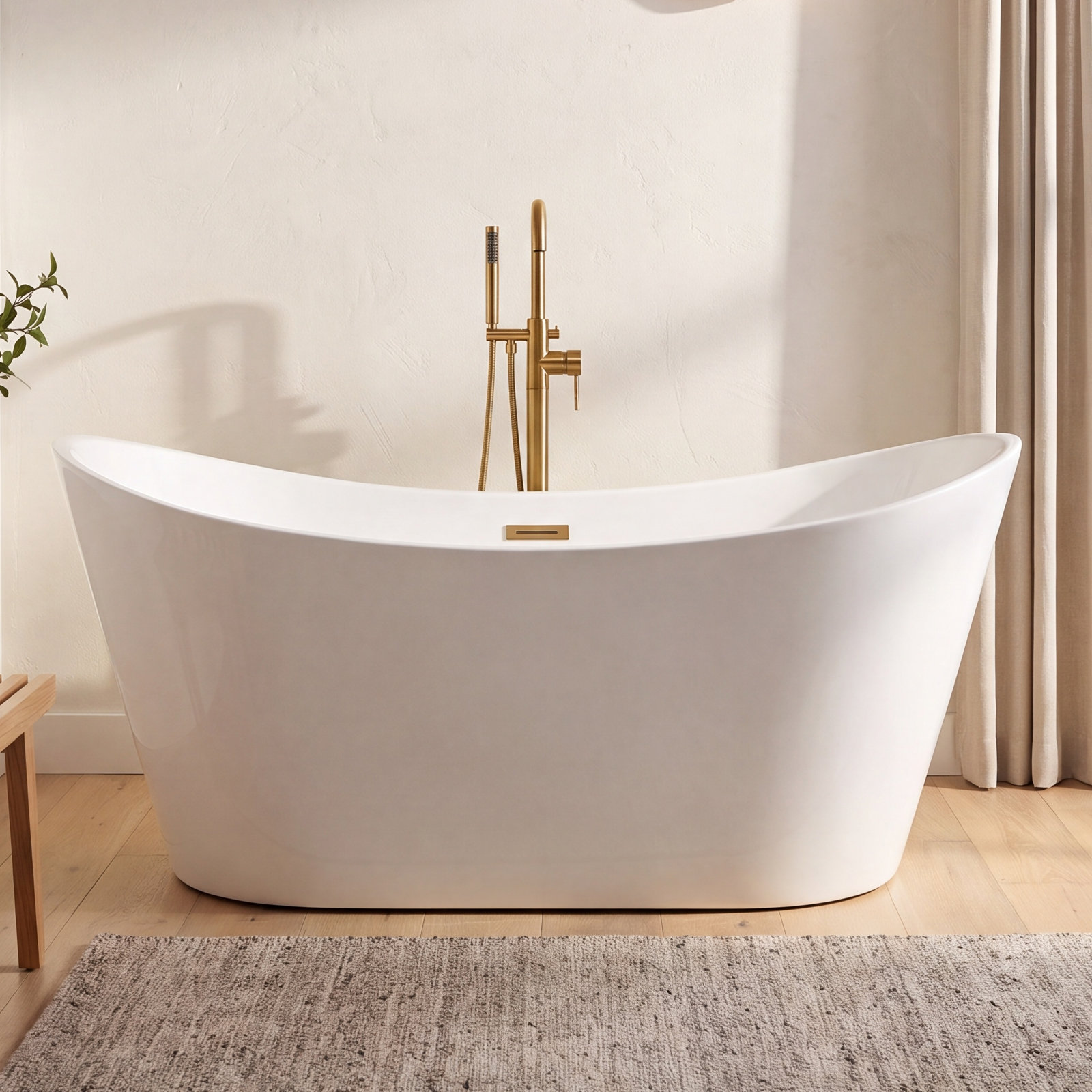 Vital 67" Freestanding Soaking Acrylic Bathtub, Brushed Gold, White