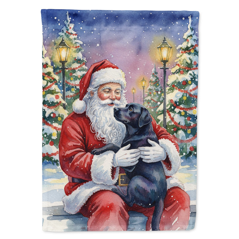 Labrador retriever noir avec drapeau de la maison du père Noël, Taille de la maison, Labrador Retriever noir