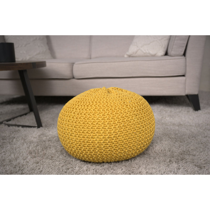Bordeaux Knitted Cotton Round Pouf, Yellow, 12" H x 19.75" W x 19.75" D