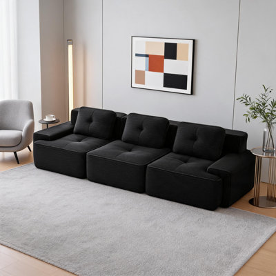 Black Modern Modular Living Room Sofa Upholstered In Corduroy Fabric, Oversized Three-Seater With Deep Seat Cushions, Pearl Grain Trim Lines And Tufte