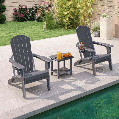 Ensemble de chaises 3 pièces Addondack Hdpe avec table d'appoint à 2 niveaux - Chaises longues d'extérieur pliables avec porte-gobelets, meubles de patio en bois d'œuvre toutes saisons pour jardin, porche et bord de piscine