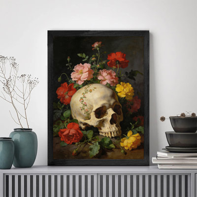 «Black», fleurs rétro encadrées de crânes humains, art mural foncé, impressions encadrées