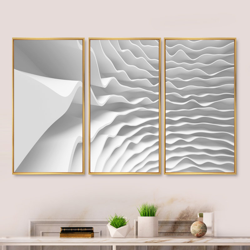 Fractal Curved White 3D Waves - 3 pièces, cadre flottant, impression sur toile, H 32 po x l 48 po x P 1 po, Cadre blanc
