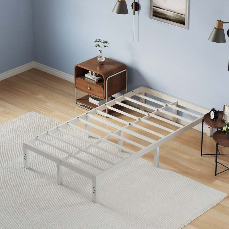 Base de lit plateforme en métal avec support de lattes en acier robuste, aucun sommier requis, Grand lit, White, 16"