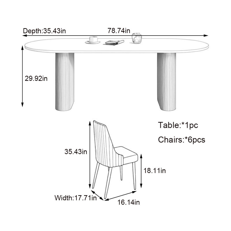 Table et chaises ovales pour la maison, H 29,92 po x L 78,74 po x l 35,43 po, Blanc / brun