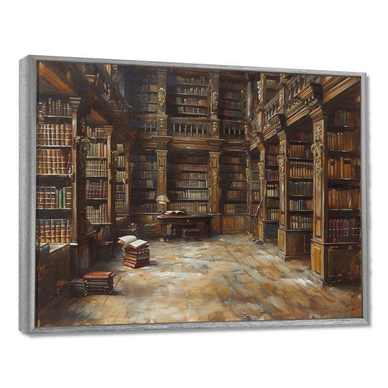 Impression d'art mural brun et beige rétro - Bibliothèque II, H 34 po x l 44 po, Encadrement argenté