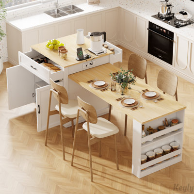 Îlot de cuisine avec table de salle à manger extensible, rangement 2 tiroirs et 2 tablettes latérales ouvertes