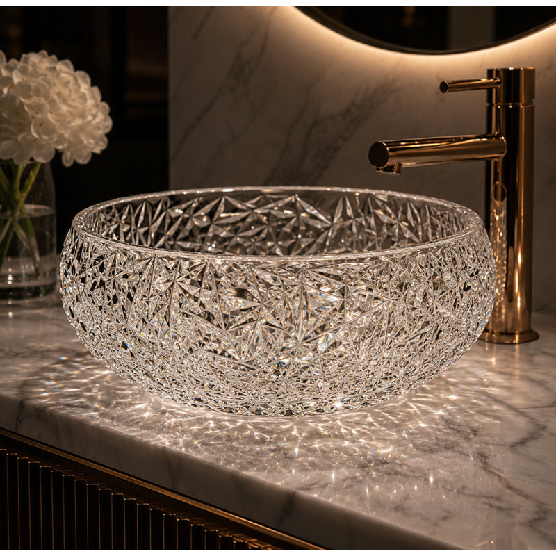 Moonshell 17" Clear Tempered Glass Circular Vessel Bathroom Sink - Clearview Collection, Clear