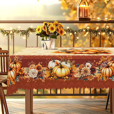 1pc Autumn Decor Thanksgiving Polyester Tablecloth, Pumpkin, Maple Leaves, And Sunflowers Pattern Design, Rectangular And Round Autumn Harvest Tablecloth, Thanksgiving Gift, Suitable For Fall Indoor/Outdoor Use, Camping And Picnic Decoration