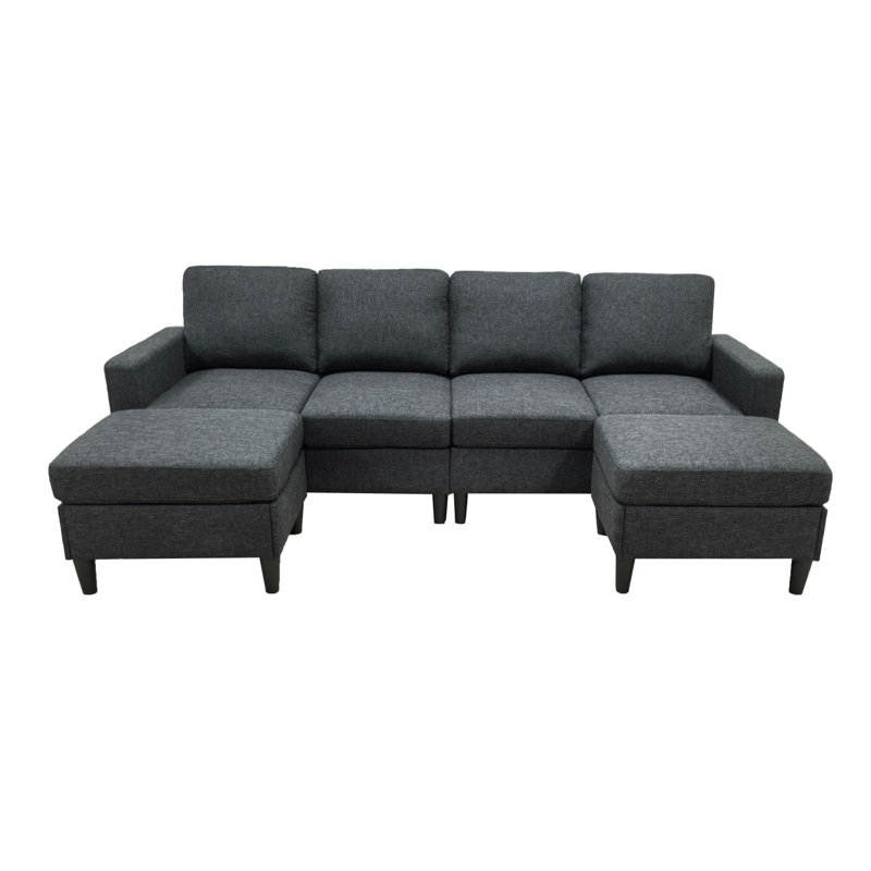 Linen Upholstered Modular Sectional With 2 Ottomans
