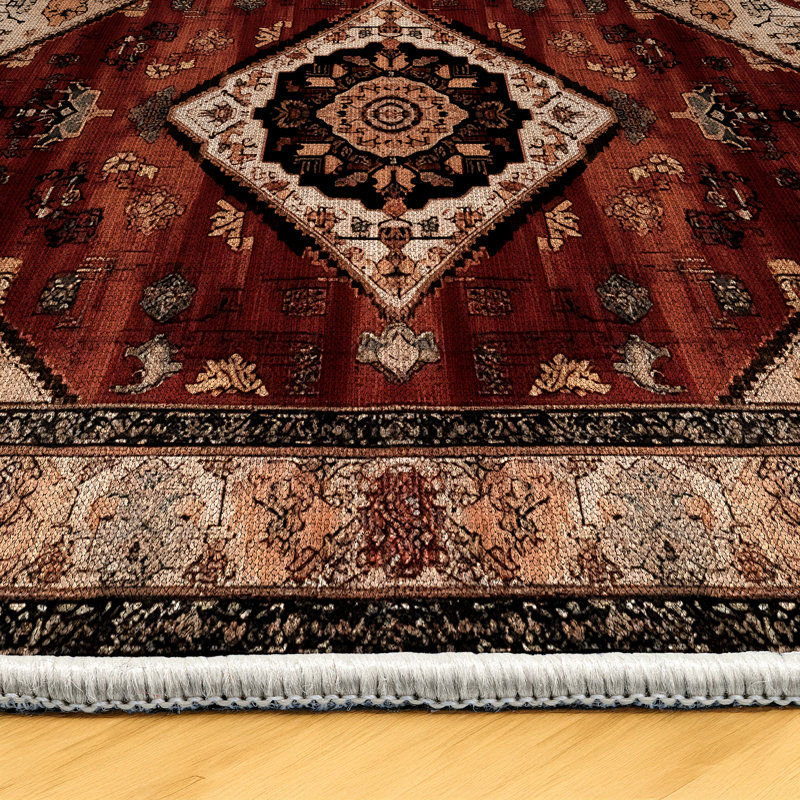 Minasas Collection Digital Print Cotton-Polyester Beige Brown Burgundy Moroccan Rug, Runner 4' x 10'6"