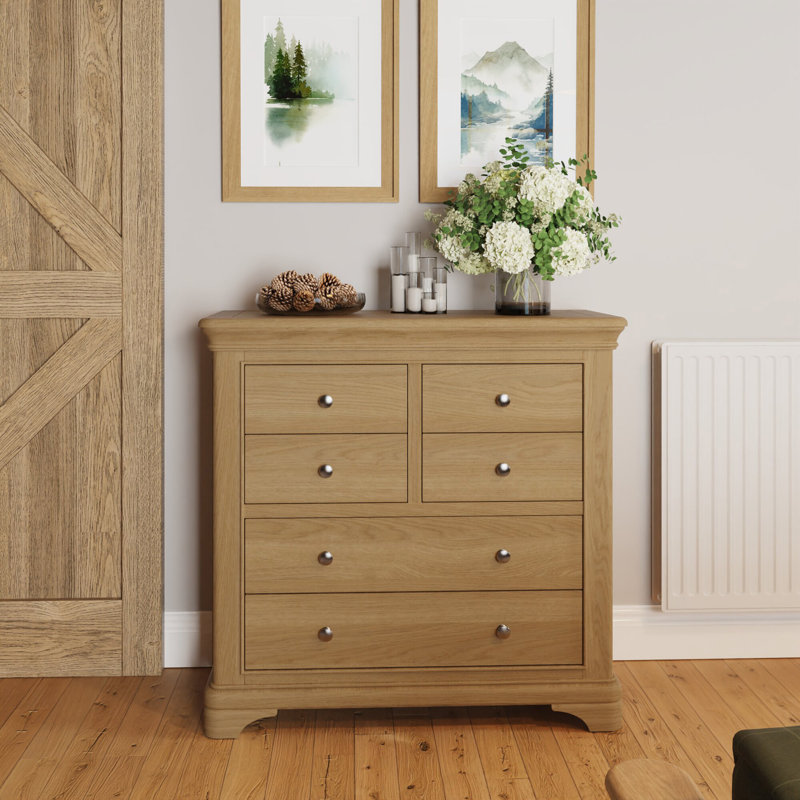 Joulon 6 Drawer Chest of Drawers. 4 + 2 Configuration. Solid Wood. Oak Top. Fully Assembled., Brown