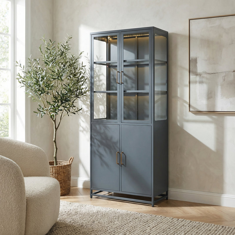 Grande armoire vitrée avec éclairage DEL et tablettes réglables pour des solutions de rangement polyvalentes pour la maison et le bureau