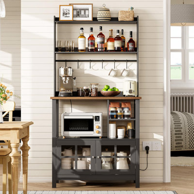 Meuble de cuisine de style ferme avec prises électriques et rangement, meuble-bar à café, support pour micro-ondes, meuble de cuisine avec étagère et 6 crochets (noir).