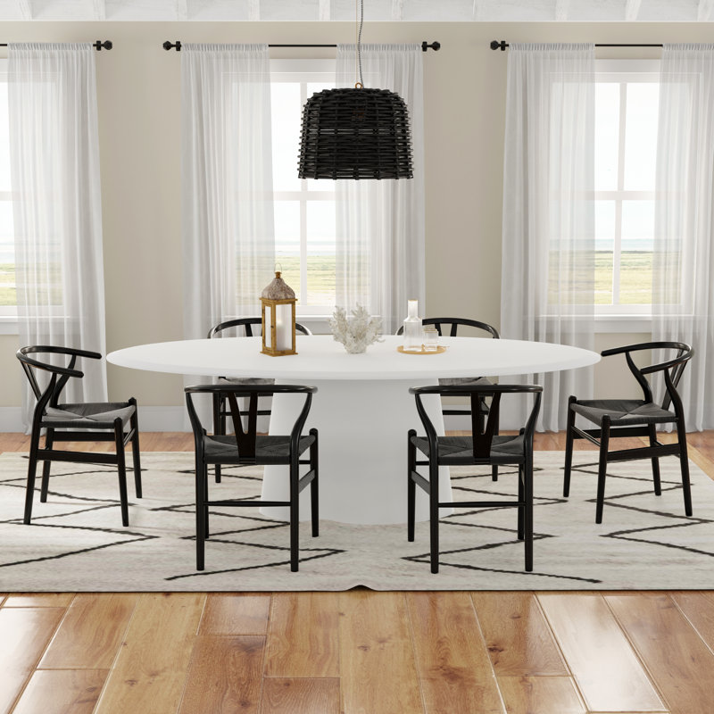 Deodat 79" Dining Table In Matte White And 6 Evelina Chairs In Rush Seat, Black