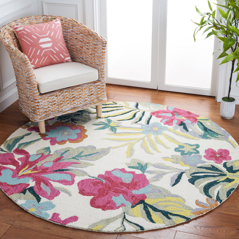 Tapis ivoire / rose en laine touffeté à la main Ariyanna, Rond 6 pi