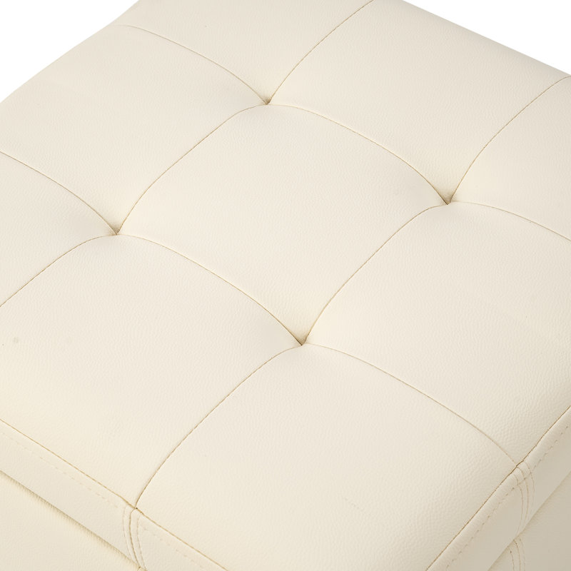 Repose-pieds carré avec rangement capitonné 17,5 po, Similicuir blanc cassé, Natural Wood