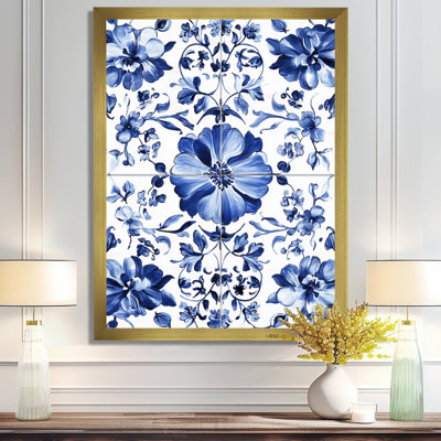 White Blue Dutch Delft Floral Tiles - Boho Picture Framed Wall Art