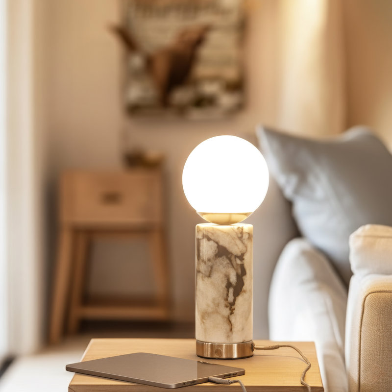 Lampe de table moderne à DEL intégrée en nickel avec abat-jour en verre givré 11 po Aspen Aspen, port de charge USB et gradateur tactile à 3 voies