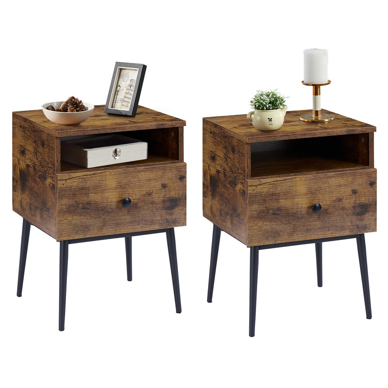 Ensemble de 2 tables de chevet brun antique avec tiroir et tablette ouverte, petites tables de chevet / tables d'appoint étroites pour chambre à coucher, salon, dortoir, appartement, entrée, bureau, tables de bout modernes avec rangement pour petits espaces