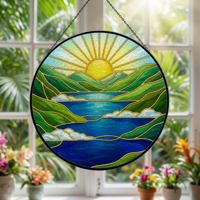 Panneau de vitrail paysage 7,8 "H Sunrise, H 7,8 po x l 7,8 po