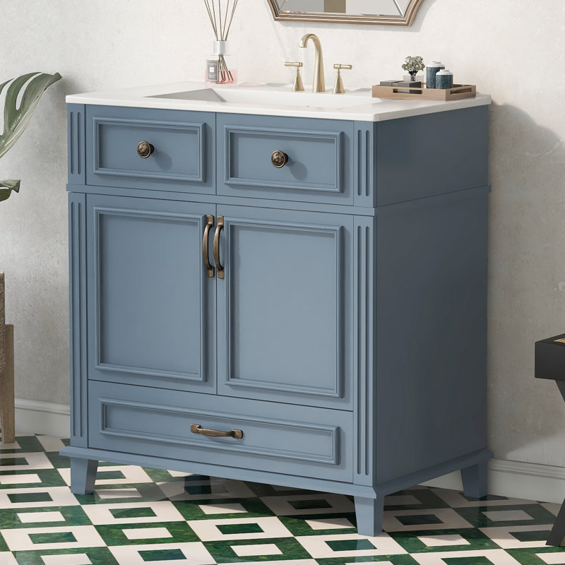  Bathroom Vanity with Ceramic Sink, Solid Wood Cabinet, Soft Closing Doors, Retro Style
