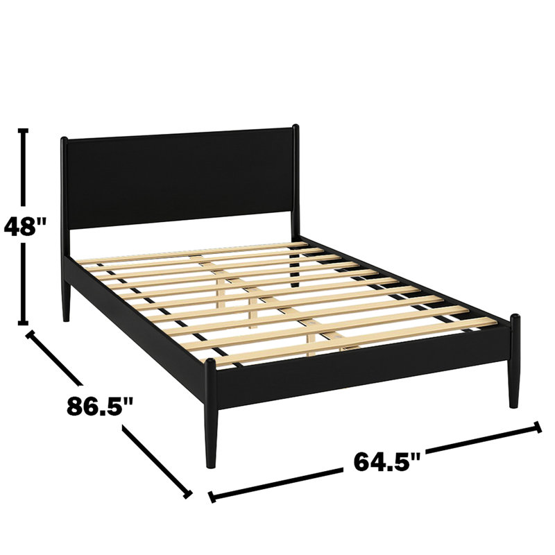 Lit plateforme en bois de style moderne Mid-Century avec finition noire, pieds ronds fuselés et ensemble de lattes pour chambre à coucher inclus