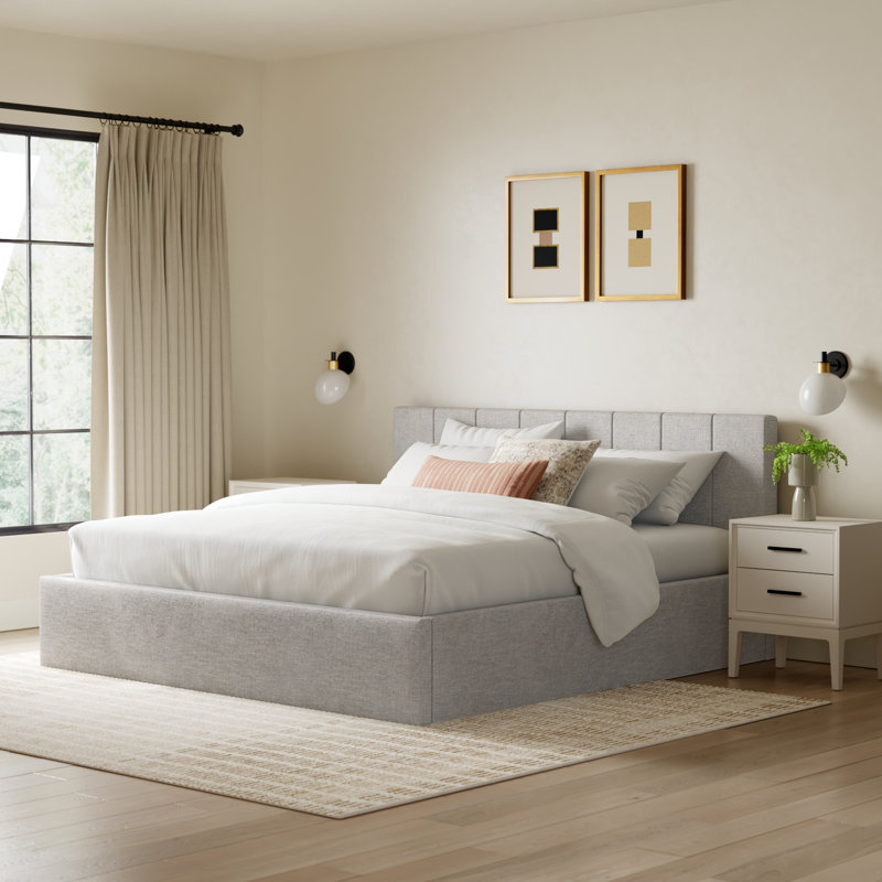 Delmar Upholstered Platform Bed, King, Effie Linen Performance Linen