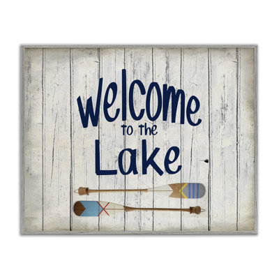 Welcome to Lake Greeting Boat Oars Lakehouse Blue Greeting Gray Farmhouse Rustic Oversized Framed Giclee Texturized Art by Kim Allen