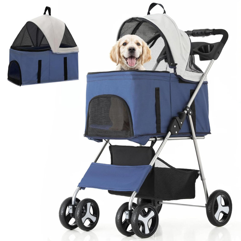3 In 1 Foldable Pet Stroller For& Medium Dogs Detachable Carrier Car Seat Push Button Entry 4 Wheel Jogger For Pets Up To