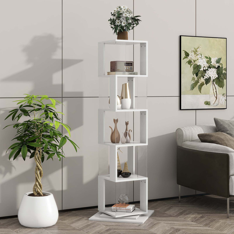 Bibliothèque rotative à 5 niveaux, support de plancher avec plaque en acrylique, Blanc, 63" H x 19.7" W x 19.7" D