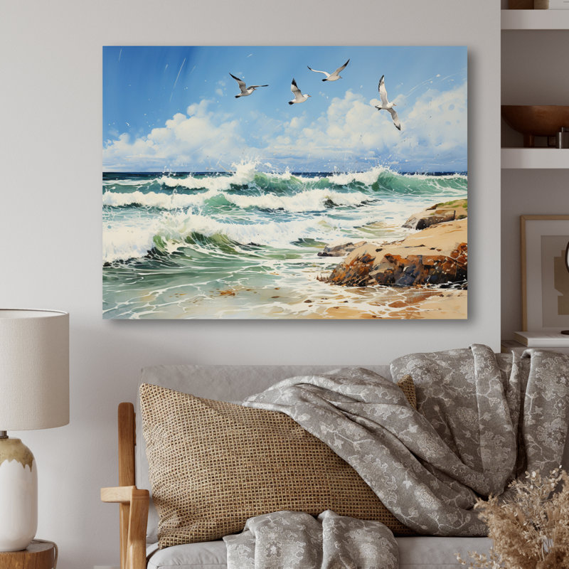 Mouettes en vol au-dessus de la plage I - Impression sans cadre sur métal, H 16 po x l 32 po x P 1 po