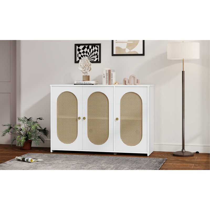 Retro 3-Door Sideboard With Large Storage Space Artificial Rattan Doors And Metal Handles, White