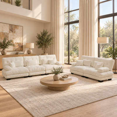 Beige Oversized Chenille Sectional Sofa Set with Deep Cushions and Pillow Arms