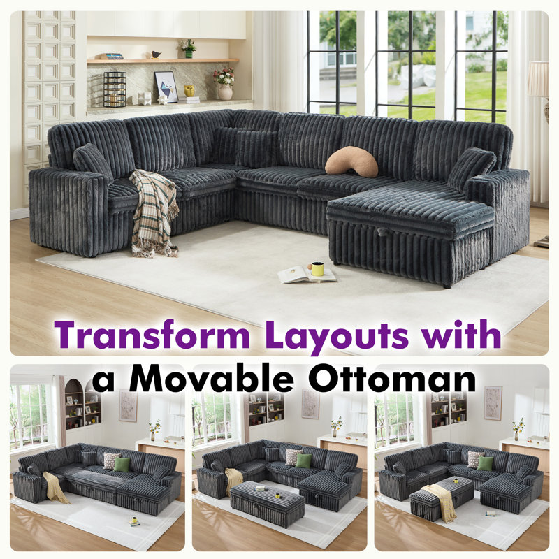 130" Wide U-Shaped Sectional Sofa With Multiple Storage Seats And 2-Seat Movable Ottoman, Gray Faux Fur, Gray Faux Fur
