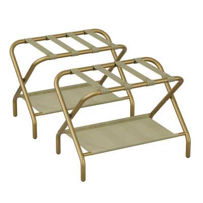 Set Of 2 Luggage Rack For Guest Room, Folding Suitcase Stand With Shoe Shelf, Easy Assembly, Portable, Hold Up To 110 Lb, Gold