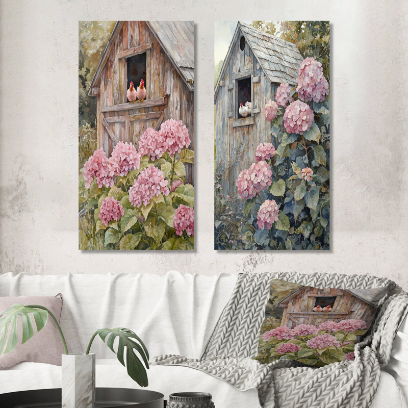 Hortensias et poulets dans la cour I - Impression sur toile florale 2 panneaux, H 32 po x l 33 po, Toile tendue