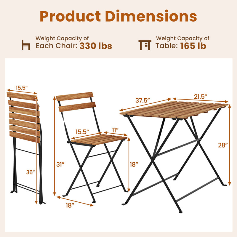 5 PCS Patio Acacia Wood Dining Set w/ 4 Folding Chairs Slatted Seat & Tabletop
