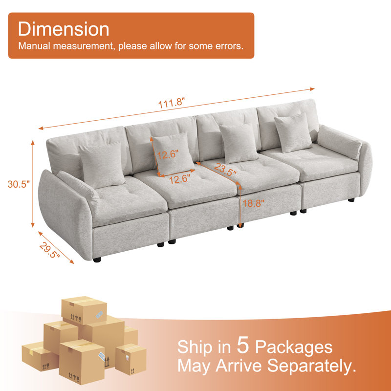 Canapé modulaire avec dossier coussiné et accoudoirs courbés, 4, Gris clair