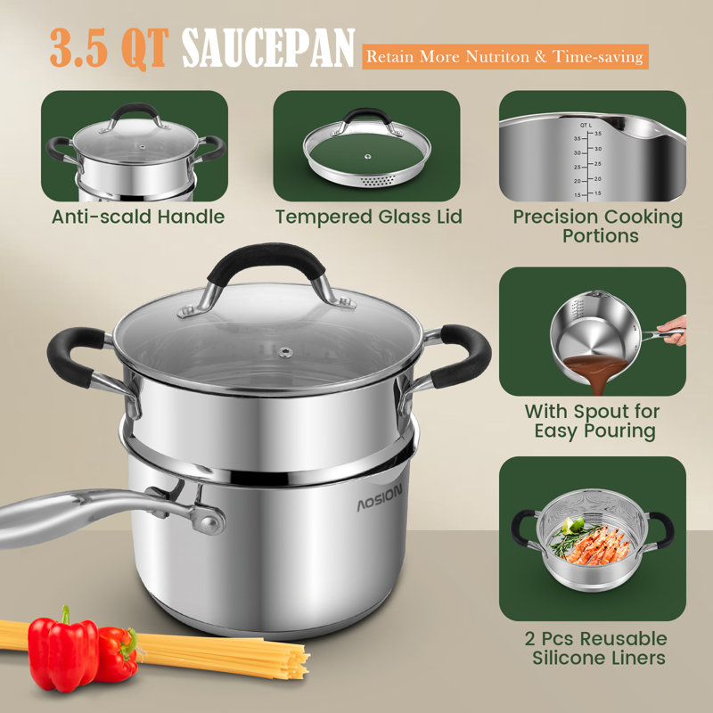 Casserole en acier inoxydable de 2,5 + 3,5 pintes avec panier à vapeur, petites casseroles pour la cuisson, poêle à vapeur avec bec verseur, couvercle en verre à passoire, parfaite pour les légumes, les pâtes, les nouilles