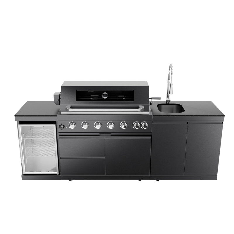 6-Burner Propane Gas Grill Island Outdoor Kitchen With Rotisserie Refrigerator Sink Storage Cabinet In Stainless Steel, Black