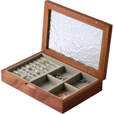 Boîte à bijoux en bois, organisateur de babioles rétro en bois de noyer massif naturel de taille moyenne avec grand rangement, noyer