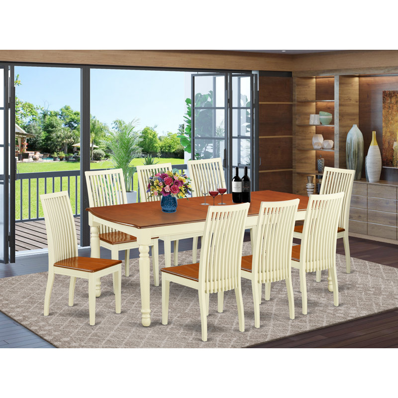 9 Piece Modern Dining Table Set Includes a Rectangle Wooden Table with Butterfly Leaf and 8 Kitchen Dining Chairs, 42x78 Inch, Buttermilk & Cherry