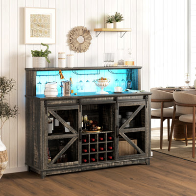 Farmhouse Wine Bar Cabinet with LED Lights, Sliding Barn Doors, 55" Coffee Bar Cabinet with Wine Racks and Glass Holder, Sideboard for Kitchen by August Grove