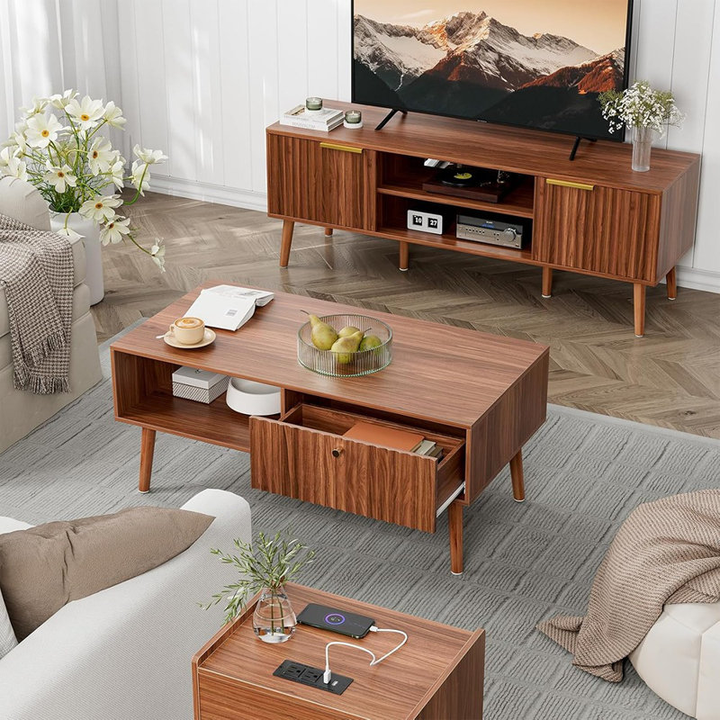 Fluted Coffee Table With Storage, Mid Century Dining Table With Drawer And Solid Wood Legs, Small Coffee Tables For Living Room, Walnut